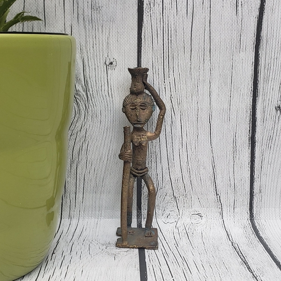 Unique Vintage Other - Vtg Bronze Brass Handmade African Figure Statue Man w/ Jug Walkeing Stick Cane